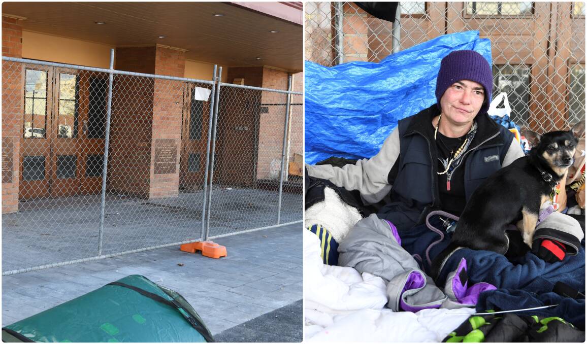 Temporary fencing has been put up at Civic Hall to prepare to tiling work, meaning Mel, her dog Bam, and others experiencing homelessness have been moved on. Pictures: Lachlan Bence 