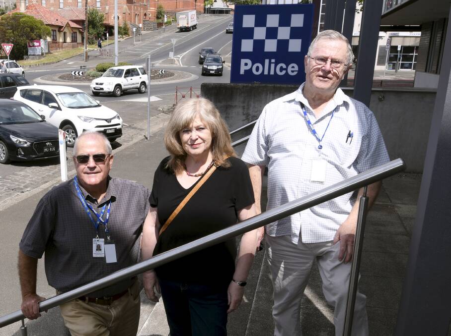 OPEN: Justices of the Peace Harry Gibcus, Jackie Warne and Tony Gore are back at the Ballarat Police Station after closure during COVID. Picture: Lachlan Bence 
