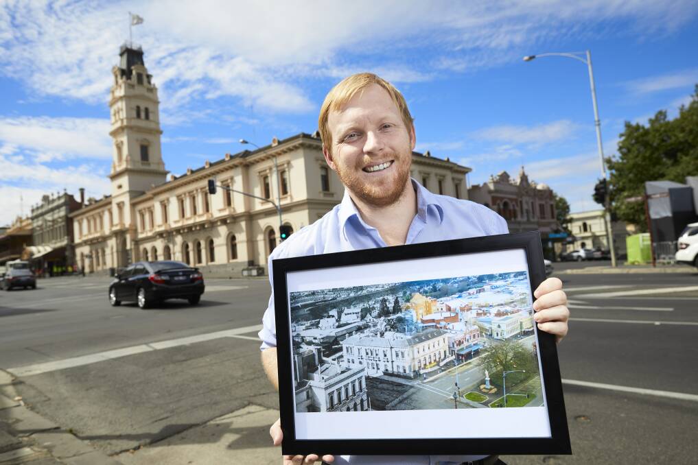 140 YEARS FROM ABOVE:  Skyline Drone Imaging artist Luke Parker holds a merged photo comparing Ballarat 140 years ago to now. It's a sneak peak of their show Ballarat from Above at White Night. Picture: Luka Kauzlaric 