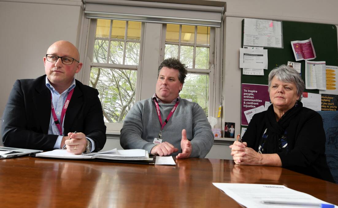 Uniting Ballarat chief executive Sean Duffy and Street to Home staff Adam Liversage and Wendy Ferguson discuss the organisations homelessness response. Picture: Lachlan Bence 