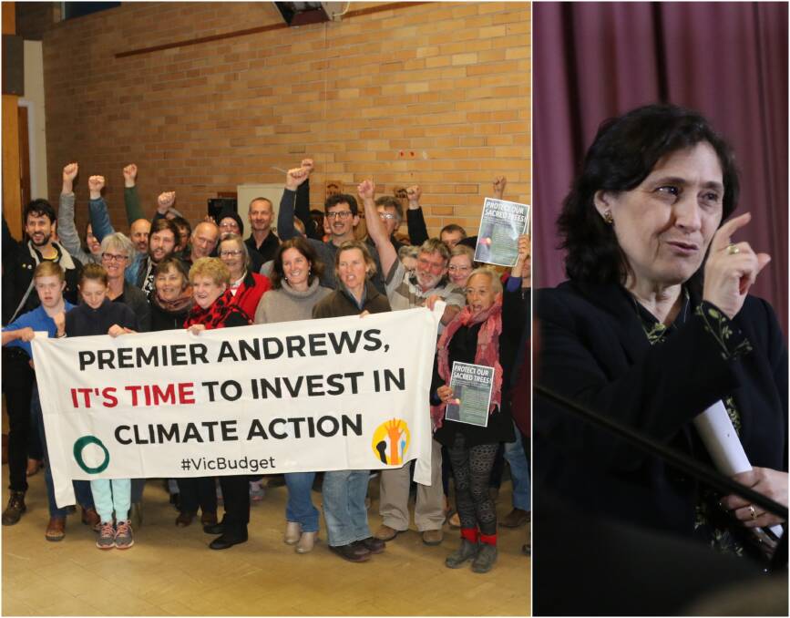 Ararat community members campaign to energy, environment and climate change minister Lily D'Ambrosio at a renewable energy forum. 