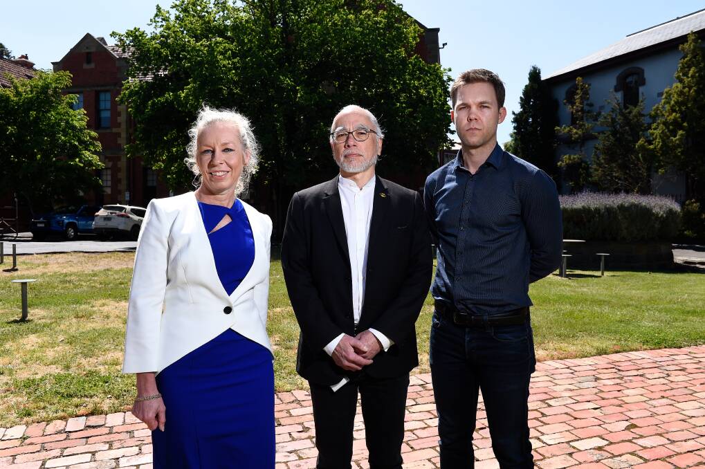 KNOWLEDGE IS POWER: Family violence research Elisa Zentveld, Lateral Plains director George Fong and Ballarat iPhones owner David Mulraney share their advice on protecting yourself on technology. Picture: Adam Trafford 