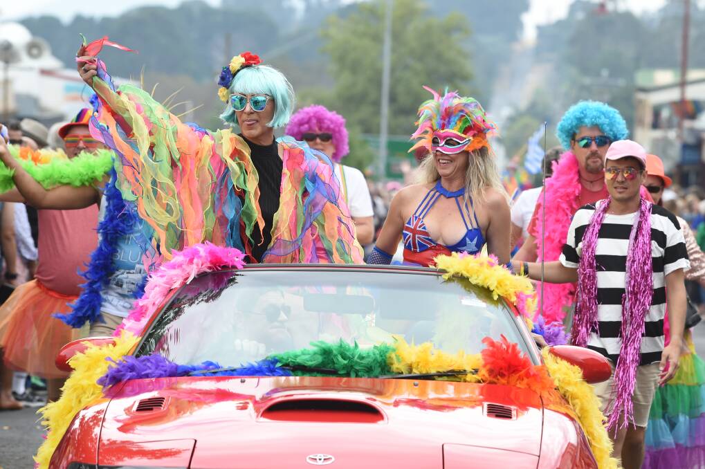 CELEBRATION: Jessica Jessica and Miss Shelby driven by James during the 2019 ChillOut Festival parade. Picture: Kate Healy 
