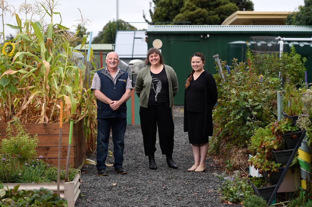 COMMUNITY: Ballarat East Rotary Club president Leon Punton, Food Is Free director Lou Ridsdale and Rotary Young Ambition president Jane Jens at the Green Space. Pictures: Adam Trafford 