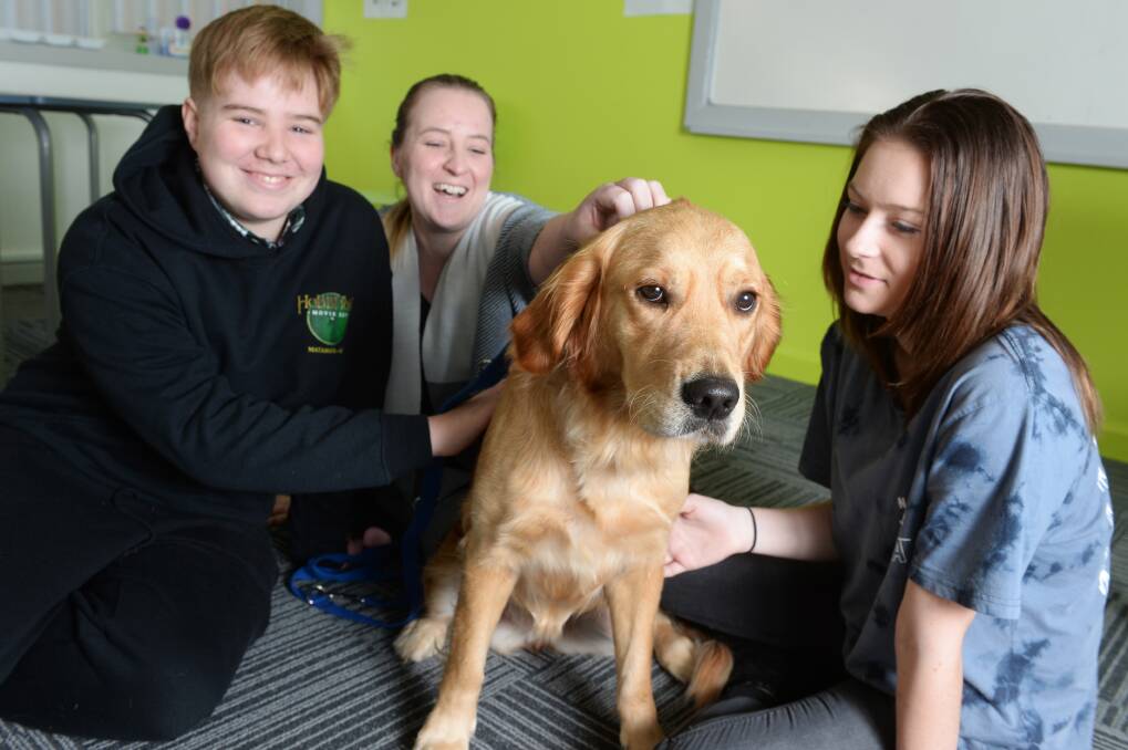 CALM: Alex, Samantha Walkerden and Angel with assistance dog Phoebe. Picture: Kate Healy 