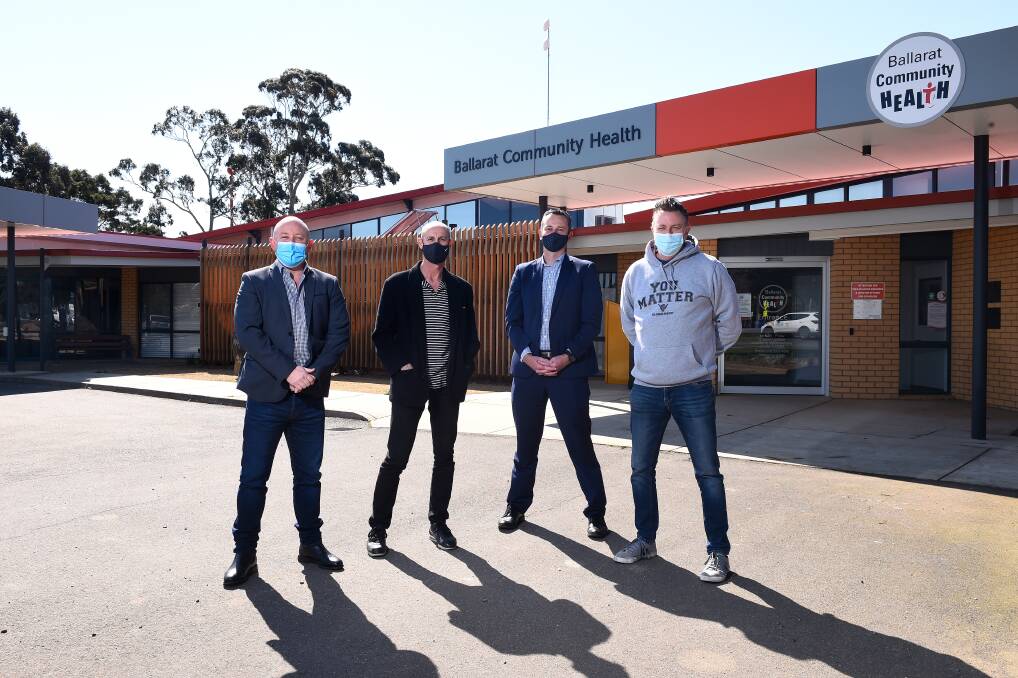 LET'S TALK: Ballarat Community Health CEO Sean Duffy, Steve Moneghetti, Mayor Daniel Moloney, and John Fitzgibbon will be part of a men's mental health event next week. Picture: Adam Trafford