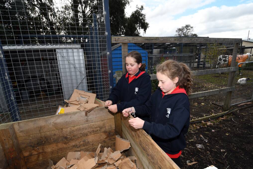 COMPOST: Grade six pupils Jacqui and Laila rip cardboard boxes for compost at lunch time. Picture: Kate Healy
