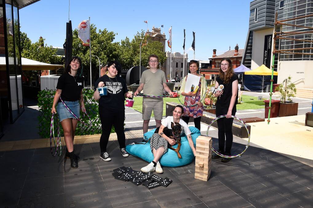 FUN EVENT: Youth Advisory Board coordinator Chloe Waddell, event volunteers Remi Turkovic and Lachlan Browne, Y Ballarat youth engagement coordinator Suze Larmer, City of Ballarat youth development officer Katja Fiedler and puppetry workshop host Holly Douglas. Picture: Adam Trafford 
