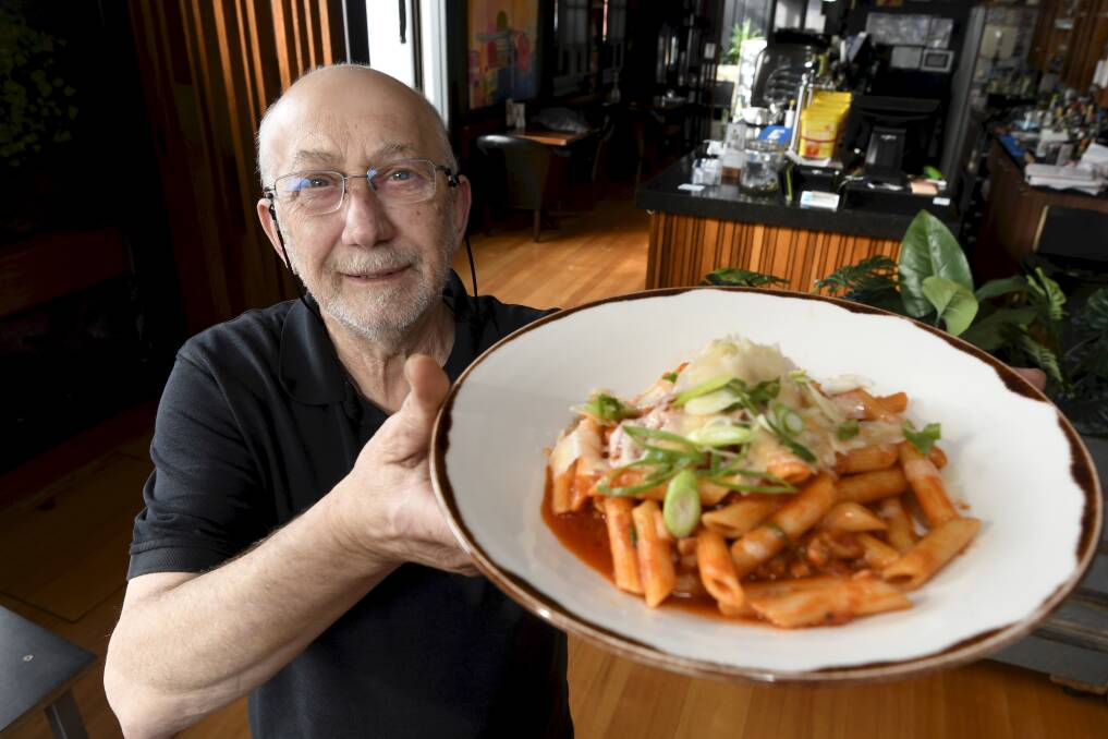 DINNER'S SERVED: Table 48 owner Gus Raschilla is joining the Commerce Ballarat pasta challenge with one of his best sellers, penne with onion, bacon, chilli and napoli. Picture: Lachlan Bence 