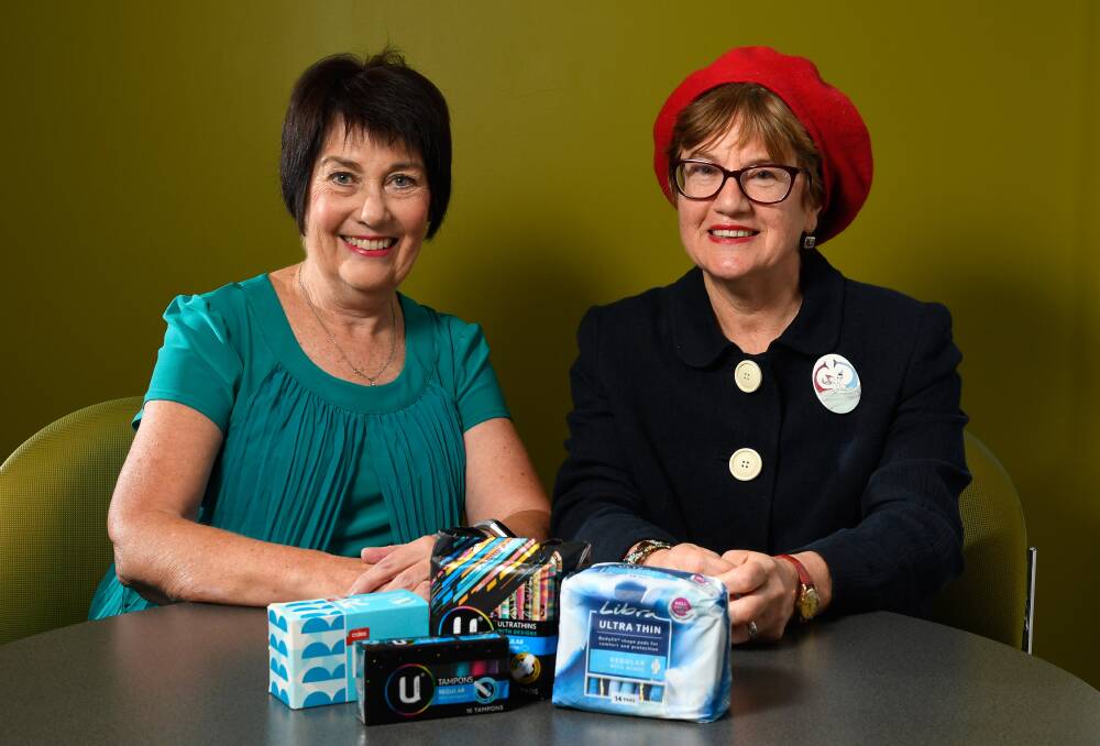 PERIOD PAIN: Share the Dignity volunteer Geraldine Jenkins and CAFS Ballarat deputy chief executive Wendy Sturgess are asking members of the community to donate pads and tampons to women in need. Picture: Adam Trafford 