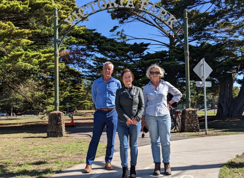 TEAMWORK: Committee for Ballarat chief executive Michael Poulton, City of Ballarat councillor Belinda Coates and Fifteen Trees director Colleen Filippa are working together to plant in Victoria Park. Picture: Jackson Russell 