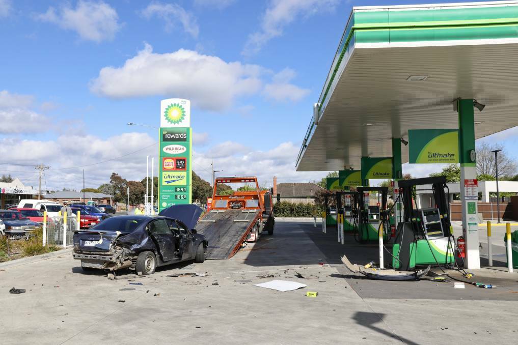 The aftermath of an overnight ramming incident at BP service station in Redan on October 30, 2021. Picture: Luke Hemer 