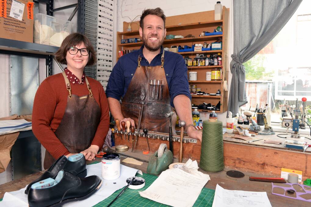 Krystina Menegazzo and Jess Cameron-Wootten, the couple behind bespoke shoe-making business Wootten that is now based in Ballarat. Picture: Kate Healy 