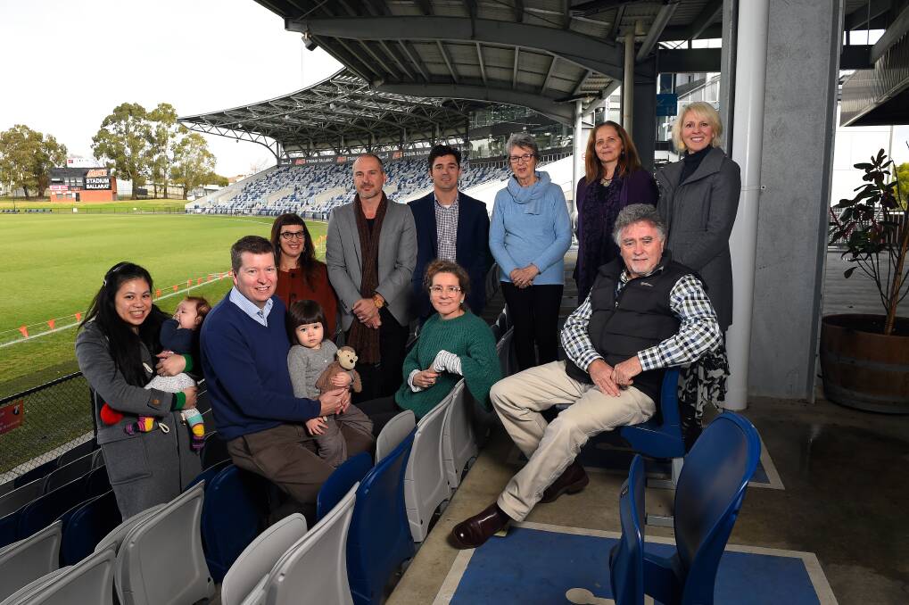 
A SPORTING CHANGE: Ballarat Foundation chief executive Matt Jenkins, Salvation Army Ballarat team leader John Clonan and WRISC Family Violence children's counselling program team leader Tracy Anscombe celebrate the Peter Amor Sports Participation Fund with Mr Amor's family. Picture: Adam Trafford 