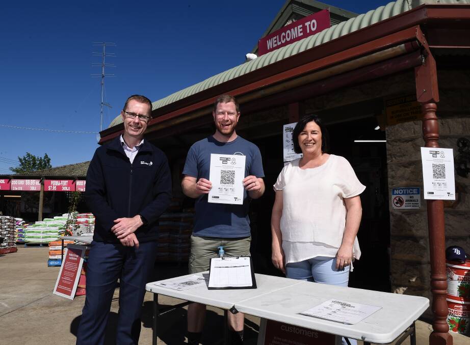 HELPING HAND: City of Ballarat chief executive Evan King, Rockstar volunteer Tim Bone and Commerce Ballarat chief executive Jodie Gillett are supporting businesses. Picture: Adam Trafford 