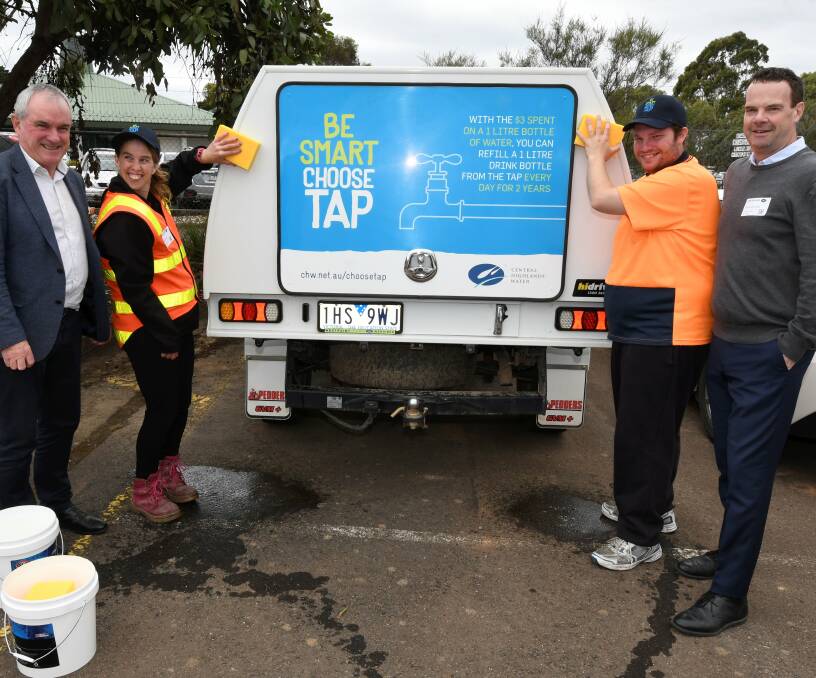 OPPORTUNITY: Central Highlands Water general manager Paul O'Donohue, McCallum Disability Services supported employees Melani Iansom and Paul Comford, and McCallum chief executive Tyrone McCuskey. Picture: Lachlan Bence 