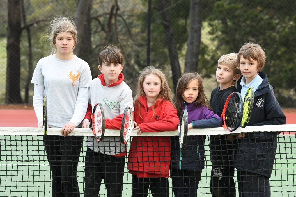 TEAM: 11-year-old Abi Kent, 10-year-old Koby Wenzlick, 7-year-old Asher Wenzlick, 8-year-old Ava-Li Quach, 9-year-old Huon Kent, 9-year-old Austin Kasbach at the Grenville courts. 