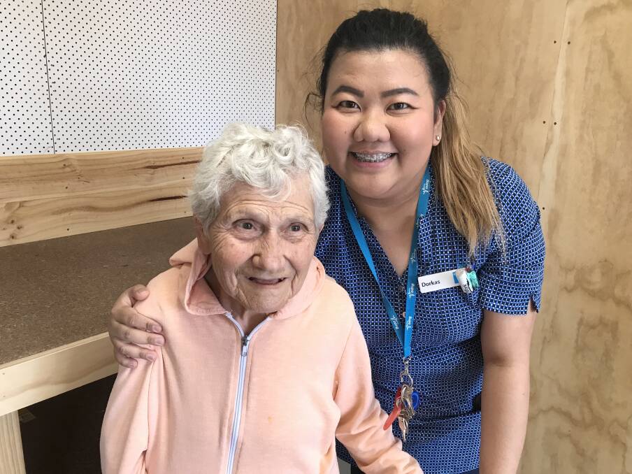 Ballarat BUPA resident Beatrice Cudia with her nurse Dorkas. Picture: Rochelle Kirkham 