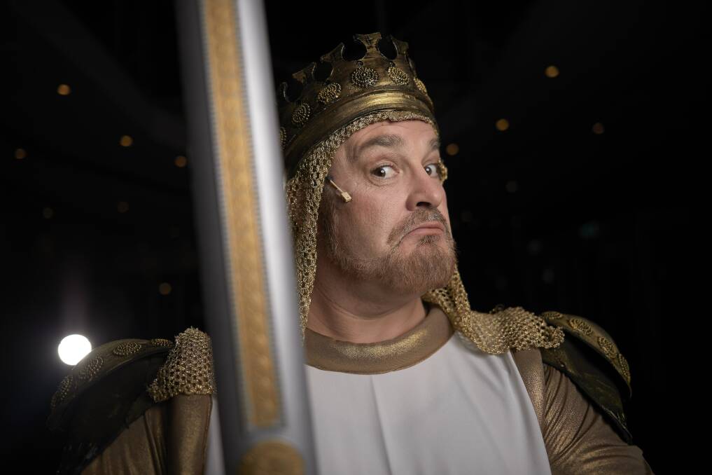 KING: BLOC Music Theatre's Luke Tonkin performs in Spamalot at Wendouree Center of Performing Arts during a dress rehearsal on Thursday night. The show opens on Saturday. Picture: Luka Kauzlaric