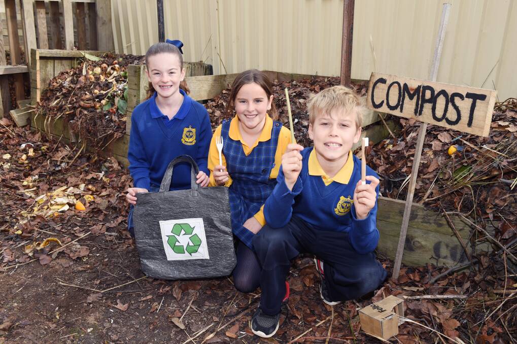 PLASTIC FREE: St Columba's Primary School pupils Milla, grade 6, Kitty, grade 4, and Kipp , grade 3 are on board for Plastic Free July. They have pledged to ditch plastic bags and plastic straws and find new creative ways to reduce plastic in the school. Picture: Kate Healy 
