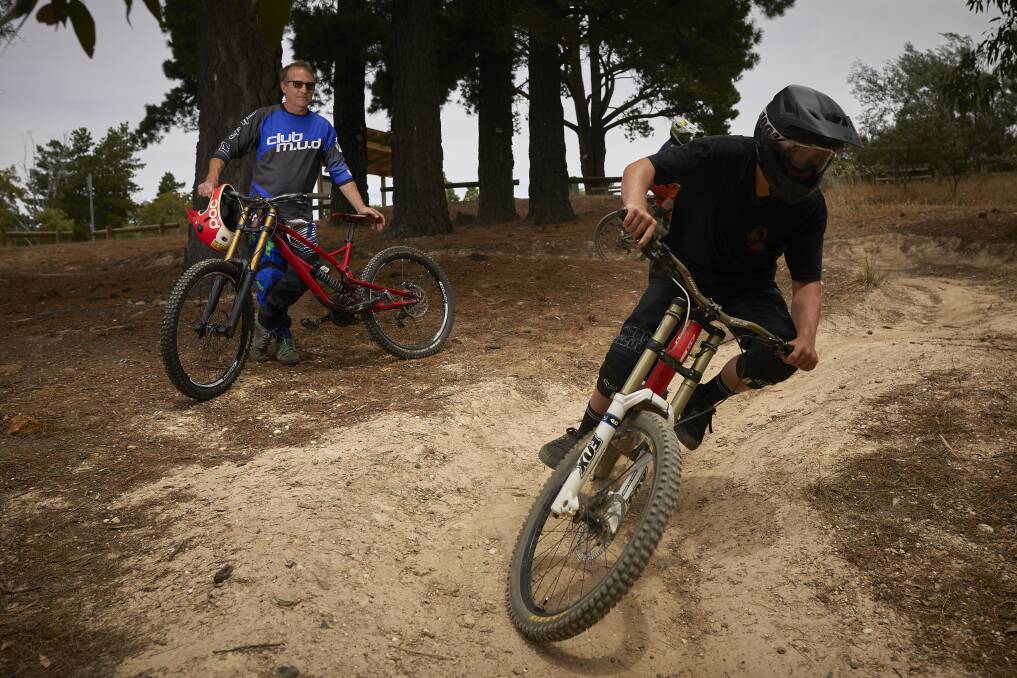DIRT RIDER: Club Mud president Graeme Coutts and member Fraser Gibson ride the refurbished mountain bike trails at Black Hill Reserve. Picture: Luka Kauzlaric
