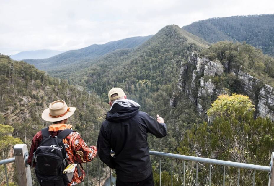 FEEDING THE SENSES: The Tasmanian Craft Fair in Deloraine has evolved into a celebration of craft as well as the spectacular region that includes the popular Alum Cliffs Lookout. In this picture acclaimed Brazilian chef Alex Atala (right) takes in the view during his visit last year. Photo: Tourism Northern Tasmania