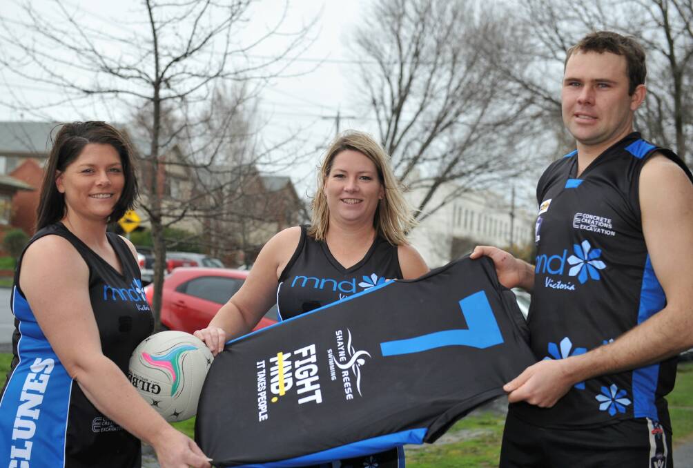 WORTHY CAUSE: Jaqui Featherston, Christine Hill and Lachy Wrigley show off Clune's new one-off MND jerseys for Saturday. Photo: Lachlan Bence. 