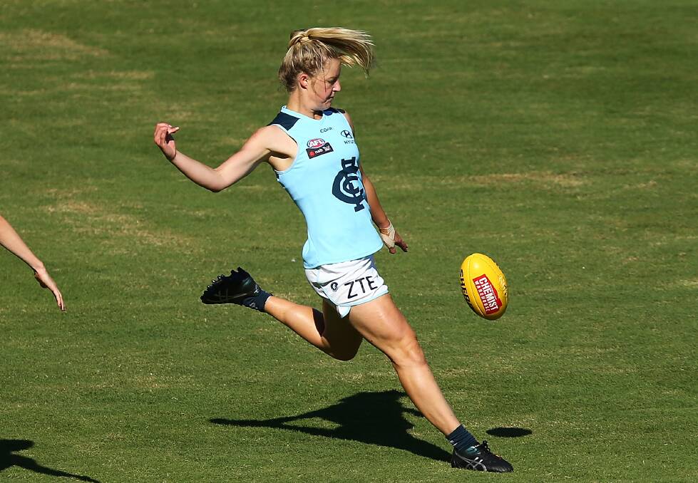 Jordan Ivey kicks her first goal for Carlton in the AFLW competition. Picture: GETTY IMAGES