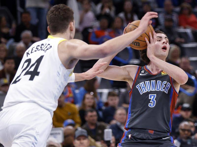 Josh Giddey looks to pass in Oklahoma Thunder's NBA win over the Utah Jazz. (AP PHOTO)