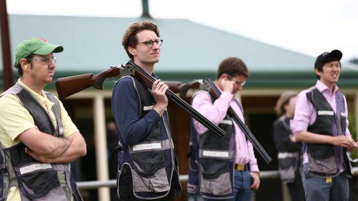 Journalists, including, Matthew Knott (second from left), during clay target shooting in Canberra. Photo: Alex Ellinghausen