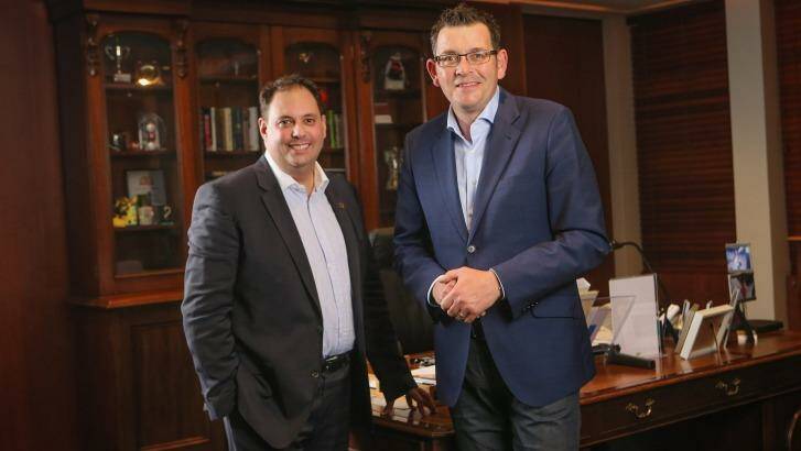 Small Business Minister Philip Dalidakis, seen here with Premier Daniel Andrews, is taking another look at his Christmas Day holiday pay decision. Photo: Wayne Taylor