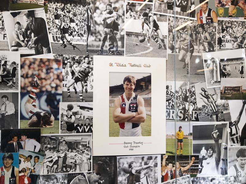 A picture wall dedicated to Danny Frawley at St Kilda AFL club's headquarters in Melbourne.