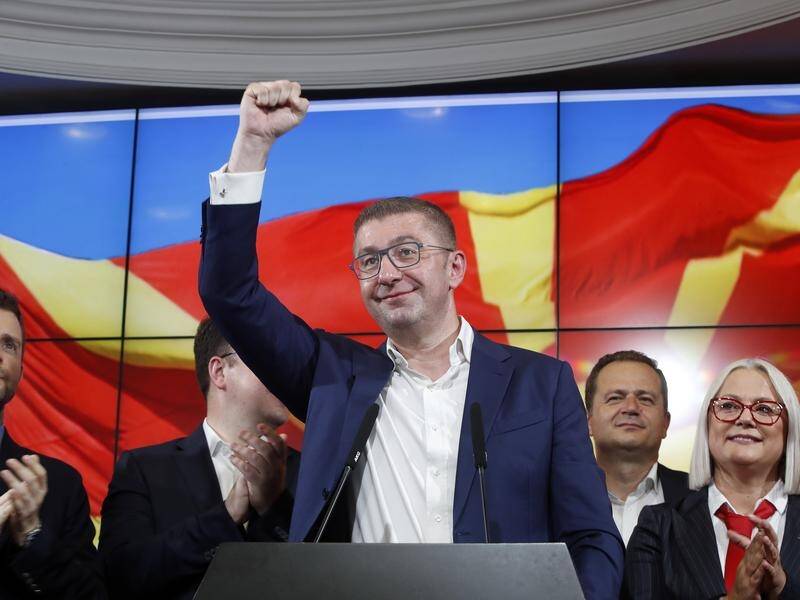 VMRO-DPMNE leader Hristijan Mickoski branded the election win a historic victory for the people. (AP PHOTO)