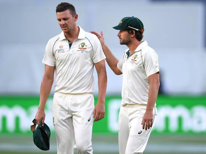 A disappointed Josh Hazlewood leaves the field after suffering a leg injury in just his second over.