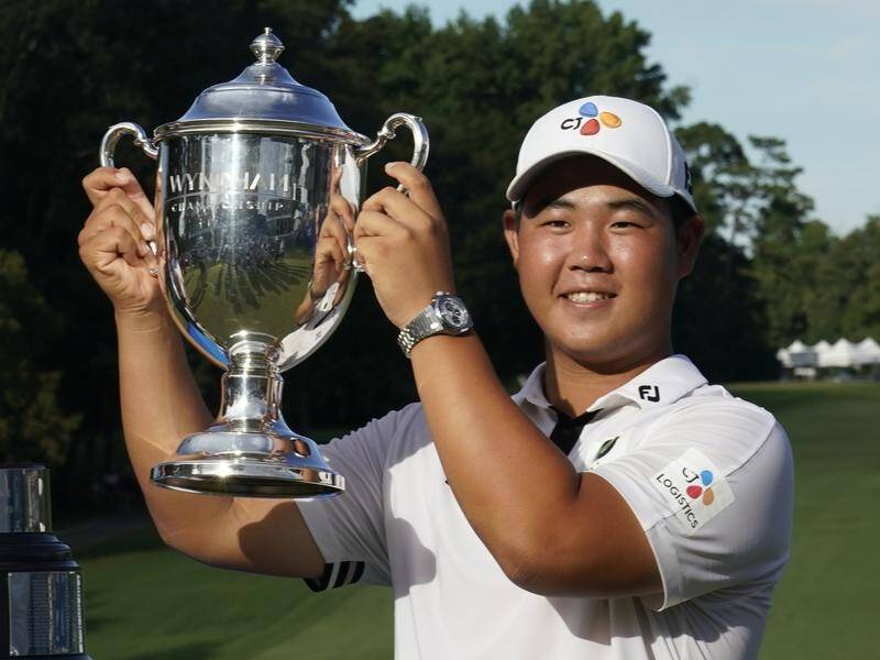 South Korean Joohyoung Kim celebrates winning in North Carolina, his first title on the PGA Tour. (AP PHOTO)