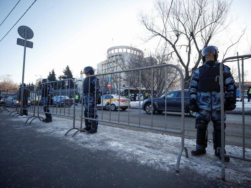 Russian police in position ahead of the trial in Moscow of opposition leader Alexei Navalny.