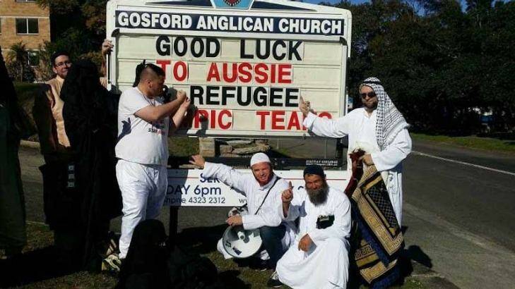 Party for Freedom members, dressed in Arabic garb, stormed the Gosford Anglican Church and interrupted a service. Photo: Party for Freedom/Facebook