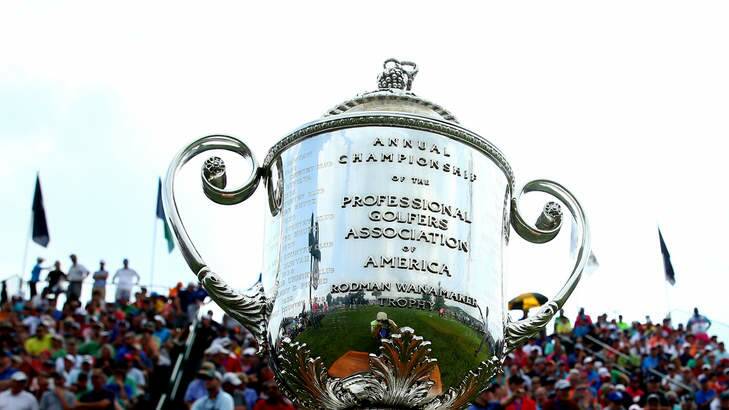 Shake your Wanamaker: The Wanamaker Trophy is seen on the first hole during the final round of the 96th PGA Championship at Valhalla Golf Club in Louisville, Kentucky. Photo: Getty Images
