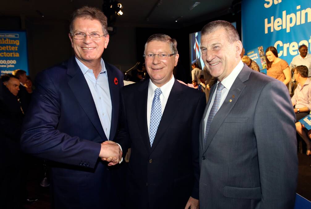 HAPPY CHAPS: Ted Baillieu, Premier Denis Napthine and Jeff Kennett at the Liberal party state election launch in Ballarat. PICTURES: THE AGE
