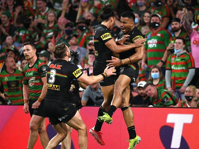 Penrith celebrate Stephen Crichton's try in the NRL grand final against South Sydney.