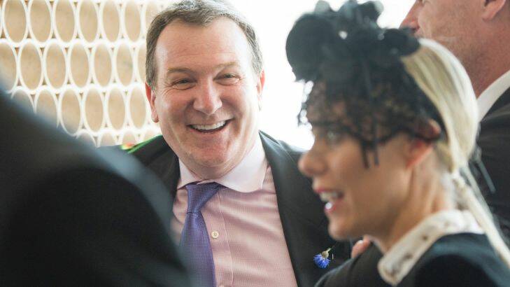 Premier Investments CEO Mark McInnes enjoying himself in the Lexus Marquee on Derby Day. Photo by Jesse Marlow. .