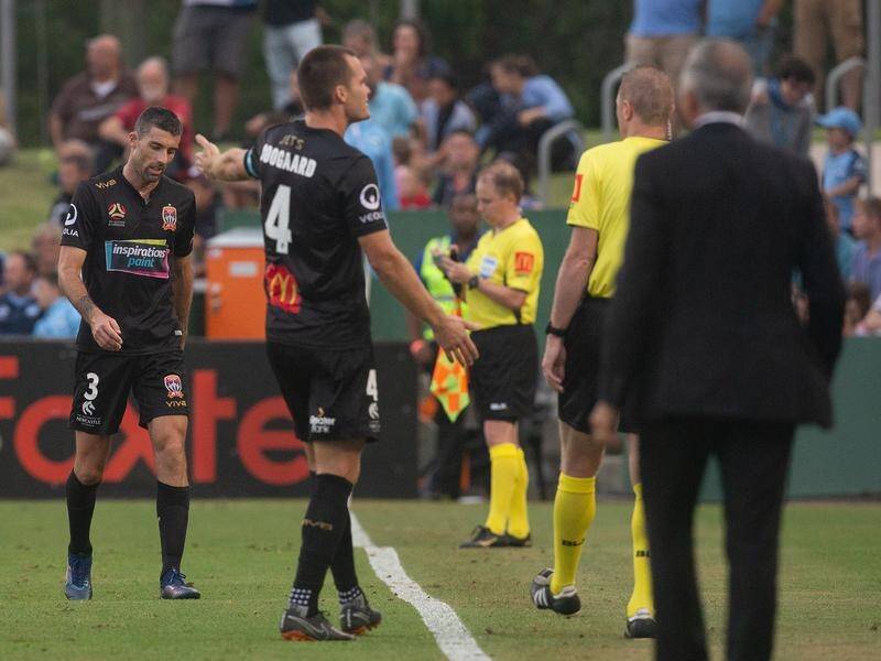 Newcastle's Jason Hoffman (l) went sent off for the third time in his A-League career on Saturday.