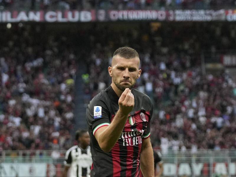 Ante Rebic shows an unusual celebration after scoring AC Milan's fourth goal against Udinese. (AP PHOTO)