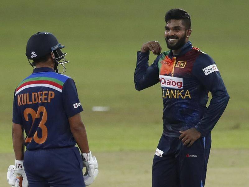 Wanidu Hasaranga (R) had a great brirthday, taking 4-9 against India in Sri Lanka's T20 win.