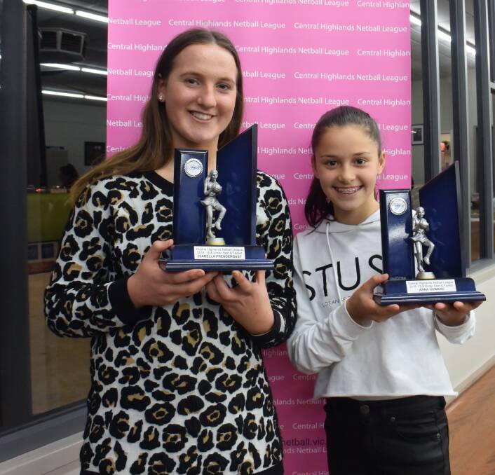 WINNERS: Newlyn's Isabella Prendergast and Hepburn's Arna Howard with their best and fairest trophies for the Central Highlands Netball League's 15/under and 13/under competitions respectively.
