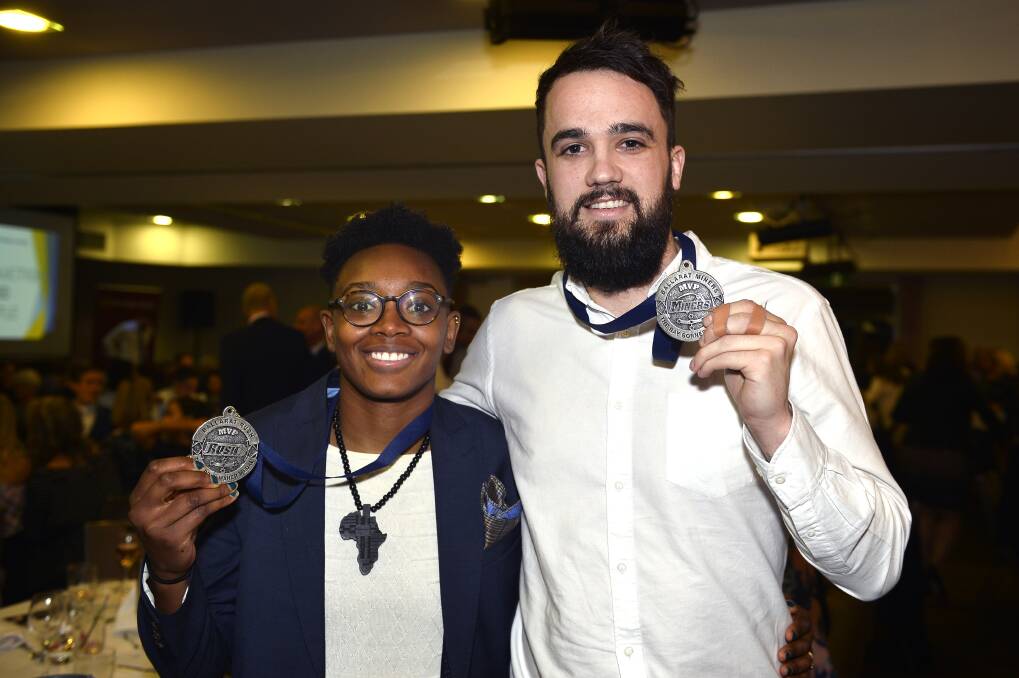 ELITE: Ballarat Rush import Courteny Walker and Ballarat Miners captain Peter Hooley with their Most Valuable Player medals after successful seasons in SEABL competition. Pictures: Dylan Burns 