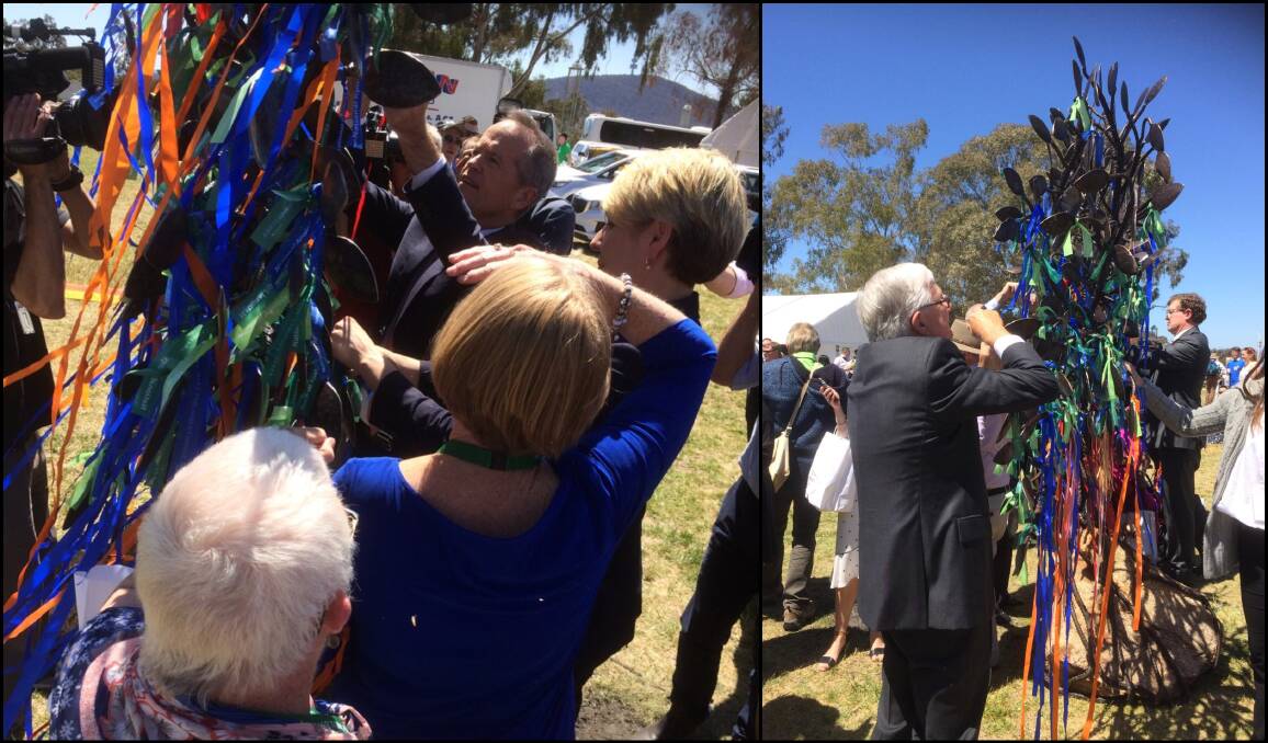 Opposition Leader Bill Shorten and Justice Peter McClellan pictured tying ribbons on the memorial tree sculpture in Canberra.