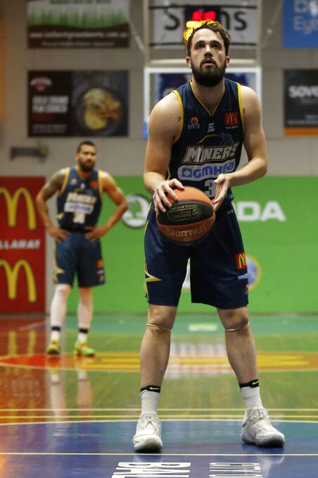 LEADER: Ballarat Miners captain Peter Hooley takes a shot from the free-throw line in a game against Mt Gambier at the Minerdome. Picture: Dylan Burns 