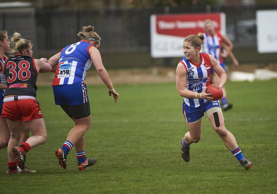 DOMINANT: East Point's Zoe Wathen was the leading goal kicker in the AFL Goldfields Women's Competition semi final against Carisbrook on Sunday. Picture: Luka Kauzlaric