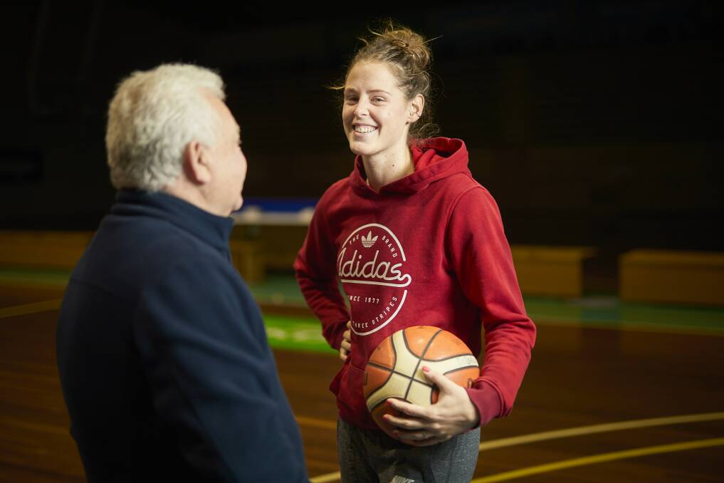 Basketball Ballarat's Paul McGee and professional French basketballer Sara Chevaugeon reunite at the Minerdome a decade and a half later. Picture: Luka Kauzlaric 